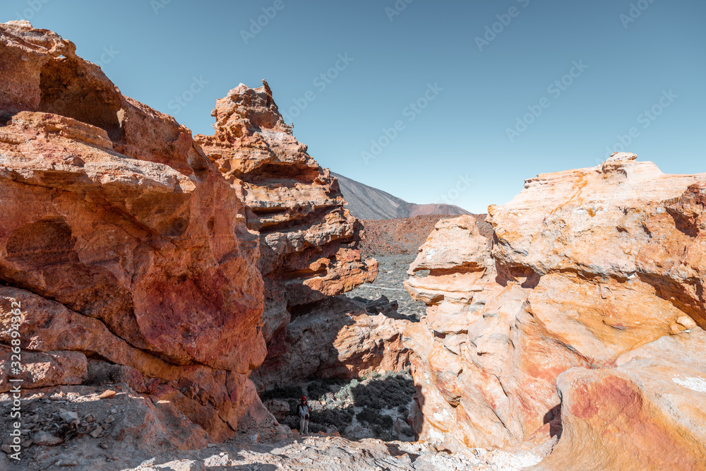 Landscape of a huge rocks volcanic origin on the desert valley near Teide volcano on Tenerife island, Spain