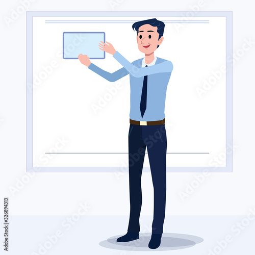 Business men Office cartoon characters. Standing persons. Business People at morning meeting. Illustration vector of discussion and talk, Board background.