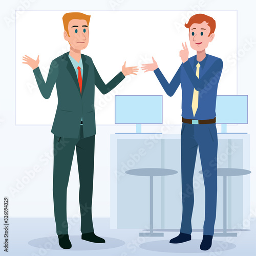 Business men Office cartoon characters. Standing persons. Business People at morning meeting. Illustration vector of discussion and talk, Board background.