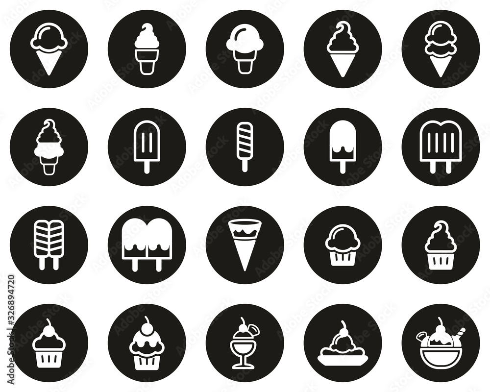 Ice Cream Icons White On Black Flat Design Circle Set Big Ice Cream Icons White On Black Flat Design Circle Set Big
