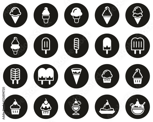 Ice Cream Icons White On Black Flat Design Circle Set Big