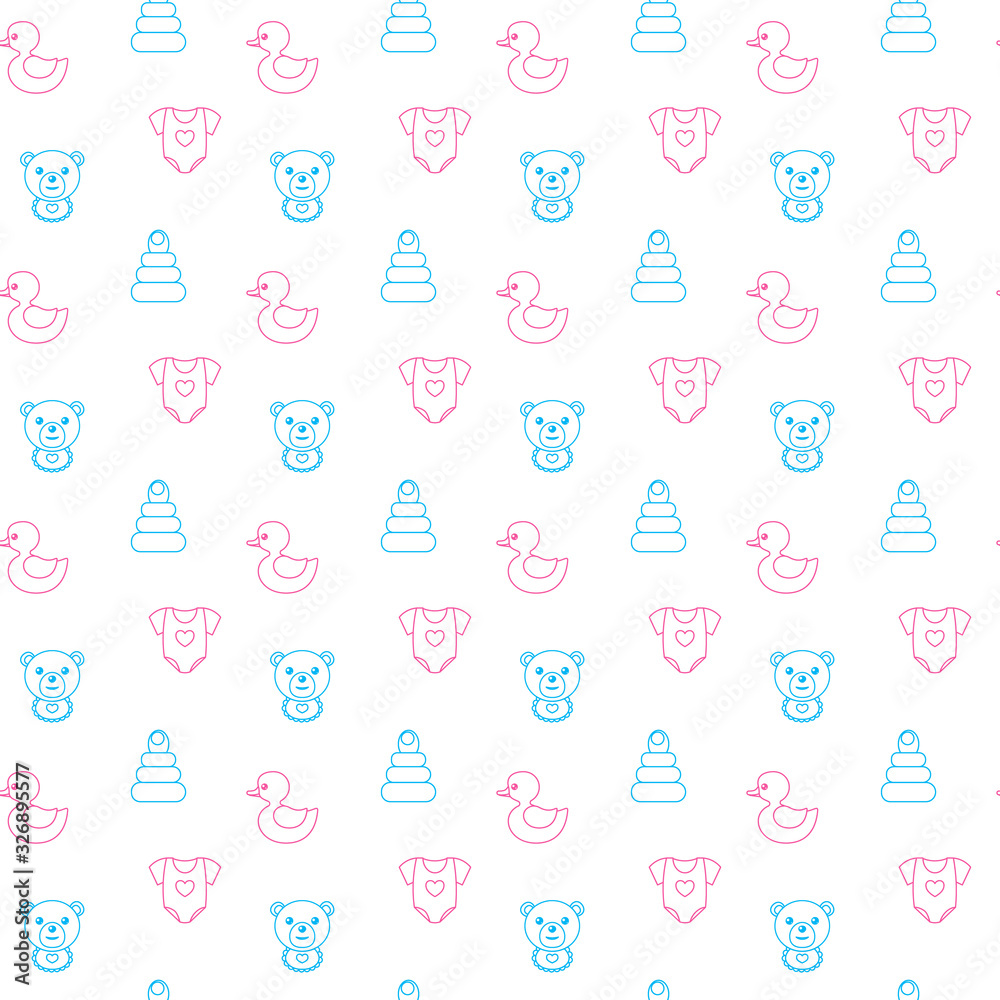 Baby shower seamless pattern with cute toy duck, teddy bear, playsuit, pyramid. Print design for baby goods and clothes Baby shower seamless pattern with cute toy duck, teddy bear, playsuit, pyramid. Print design for baby goods and clothes