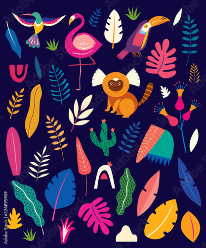 Vector colorful pattern with tropical flowers, leaves, monkey, flamingo and birds. Brazil tropical pattern. Rio de janeiro pattern,. © moleskostudio