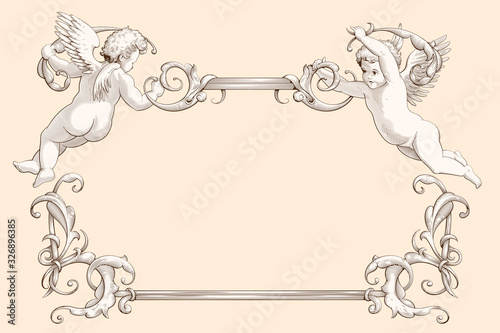Elegant vintage border frame with cupids for weddings, Valentine`s day and other holidays. Decorative element in the style of vintage engraving with Baroque ornament