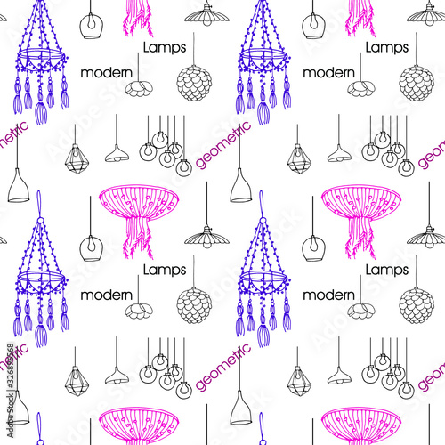 Doodles of stylish and modern fixtures of chandeliers and lamps, pendants linearly depicted with geometric shapes. Seamless pattern