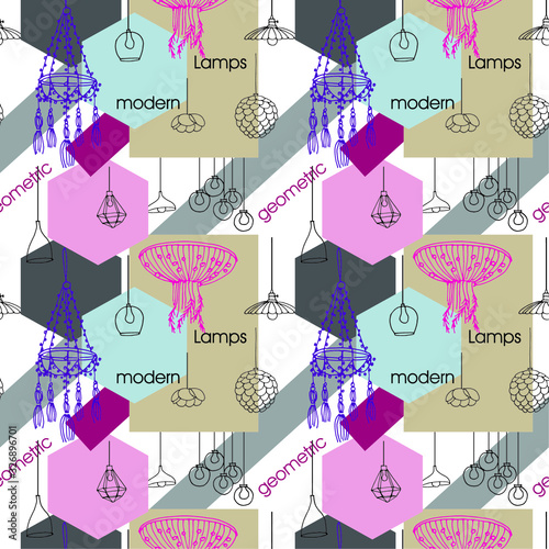 Doodles of stylish and modern fixtures of chandeliers and lamps, pendants linearly depicted with geometric shapes. Seamless pattern