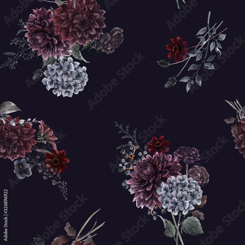 Beautiful vector seamless pattern with watercolor dark blue, red and black dahlia hydrangea flowers. Stock illustration.