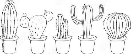 Cactuses is drawn in black doodle style. Coloring book children`s flora, beautiful vector drawing.