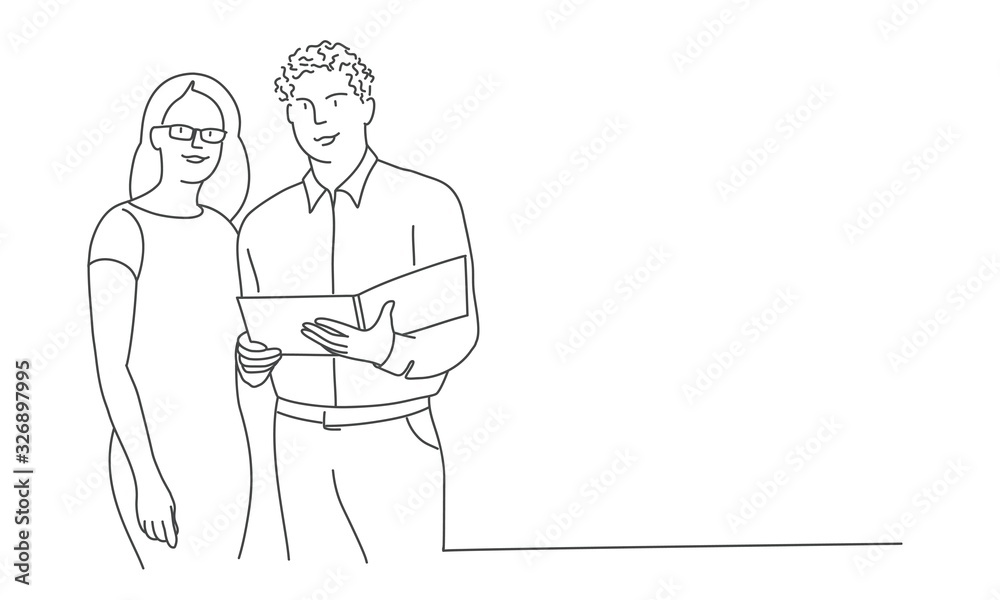 Man and woman with documents. Hand drawn vector illustration. Man and woman with documents. Hand drawn vector illustration.