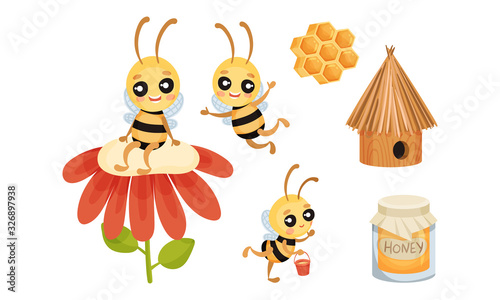 Cartoon Bee Character and Honey Isolated on White Background Vector Set