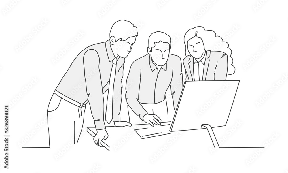 Business people are standing and looking at the computer. Hand drawn vector illustration.