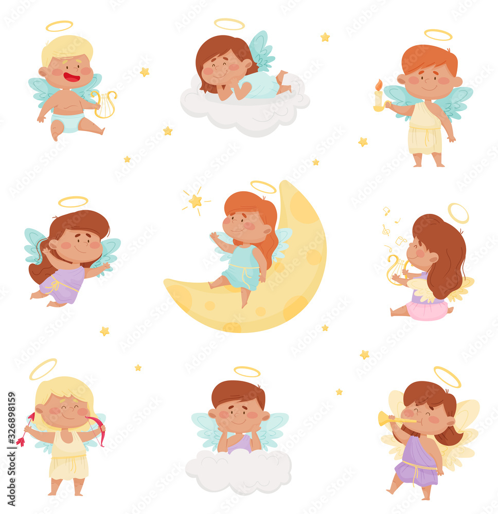 Cute Baby Angels with Nimbus and Wings Vector Set Cute Baby Angels with Nimbus and Wings Vector Set