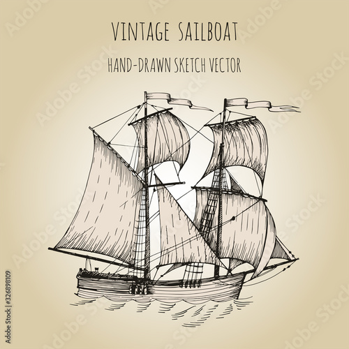 Old caravel, vintage sailboat. Hand drawn vector sketch.