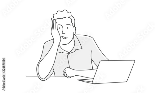Hand drawn vector illustration of bored man with laptop.