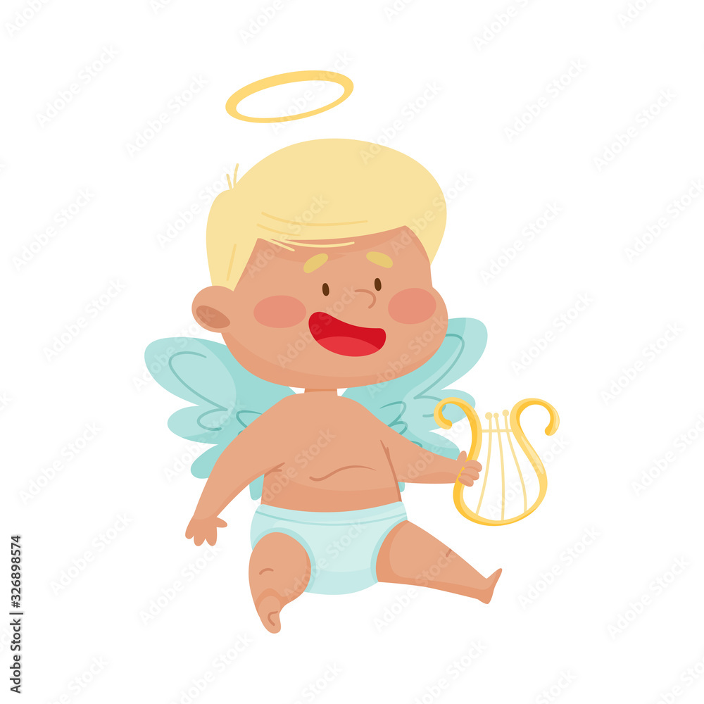 Little Boy Angel with Gold Nimbus and Wings Holding Harp in His Hands Vector Illustration Little Boy Angel with Gold Nimbus and Wings Holding Harp in His Hands Vector Illustration
