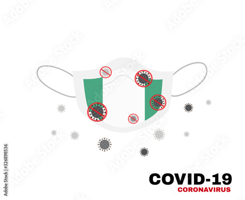 Medical face mask with symbol of Nigeria flag to protect Nigerian people from coronavirus or Covid-19, virus outbreak protection concept, sign symbol background, vector illustration 