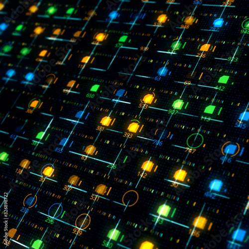Lots of led lights with shallow depth of field. Print of digital arts with infowall with different icons.