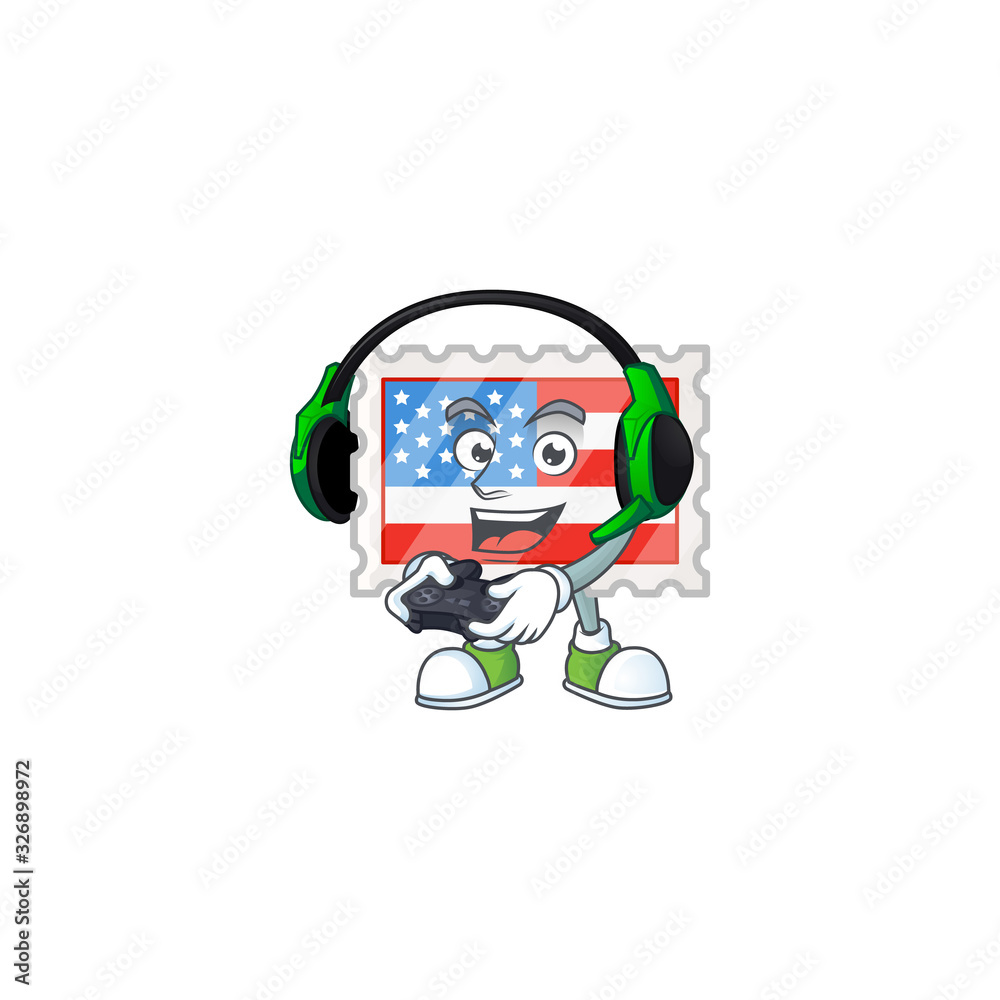 Independence day stamp cartoon picture play a game with headphone and controller