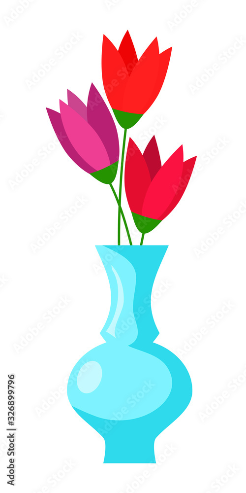 Colorful blooming tulip flower in vase isolated on white background. Decorative room spring flower. Floral bouquet in flowerpot. Plant for house design. Florist shop item. Vector illustration.
