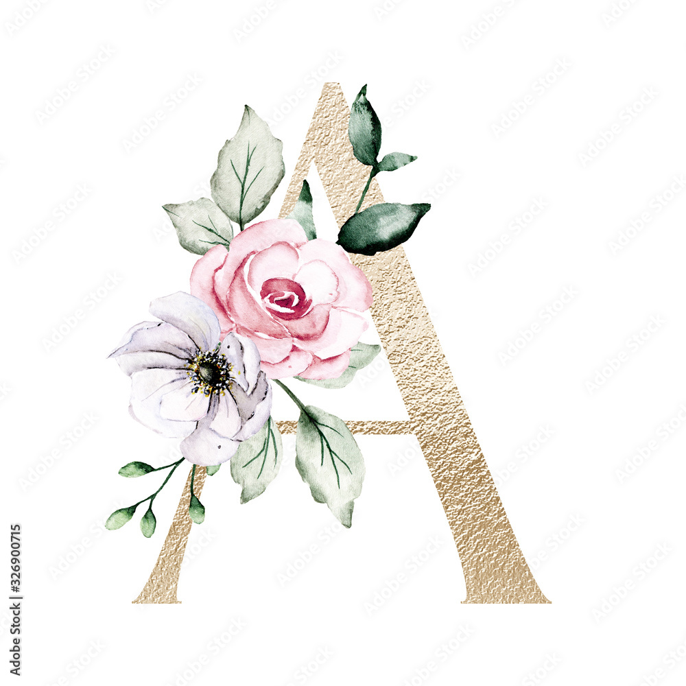 Gold letter a with watercolor flowers and leaves. Floral alphabet ...