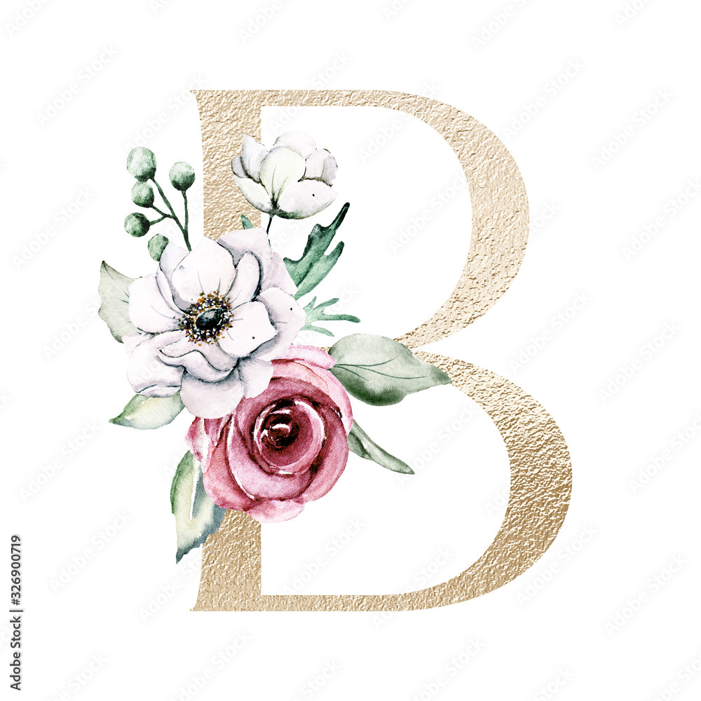 Gold letter b with watercolor flowers and leaves. Floral alphabet ...