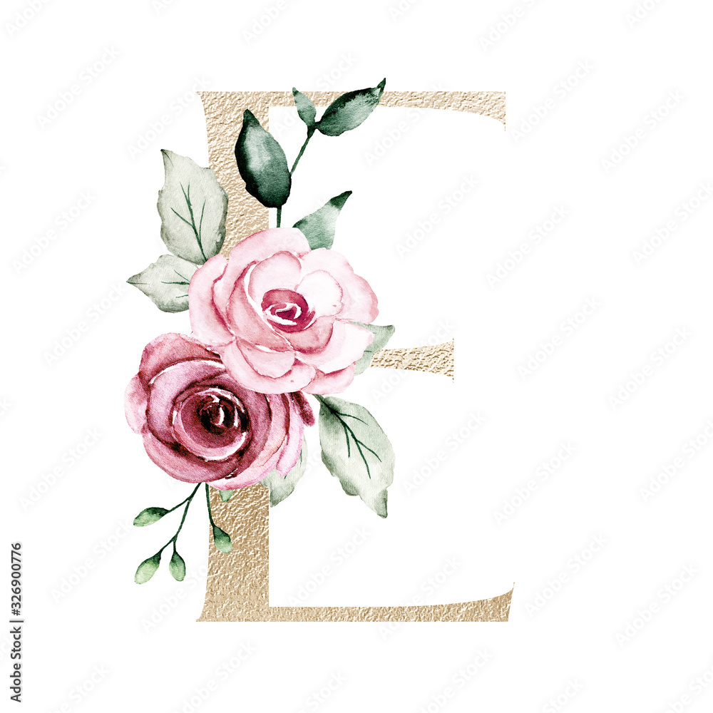 Gold letter e with watercolor flowers and leaves. Floral alphabet ...