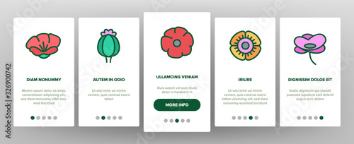 Poppy Natural Flower Onboarding Icons Set Vector. Poppy Seeds And Bouquet, Petals And Bud, Syringe With Drugs And Crossed Mark Illustrations