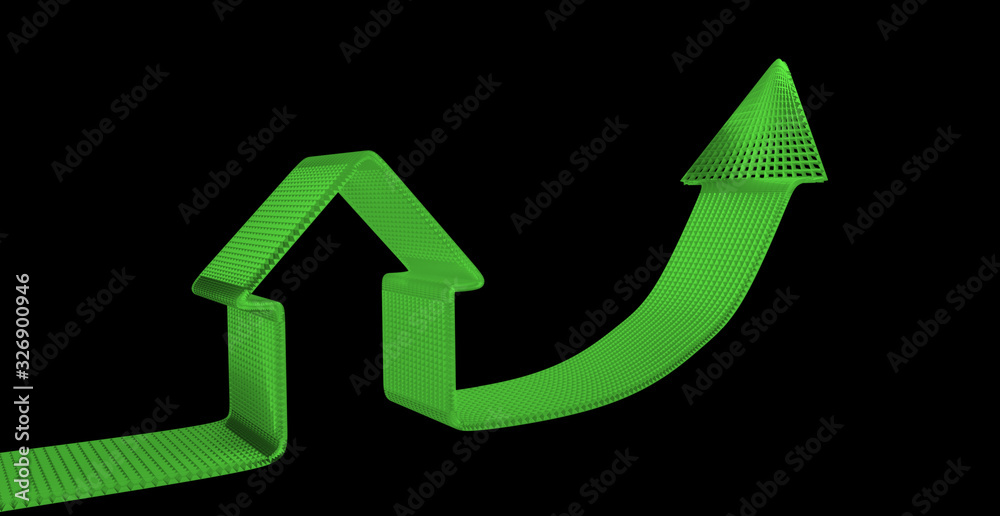 increase property prices concept, house and green arrows on black background increase property prices concept, house and green arrows on black background