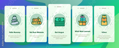 Pile Objects Things Onboarding Icons Set Vector. Pile Of Money Banknotes And Coins, Wood And Cases, Boxes And Banana, Cups And Plates Illustrations