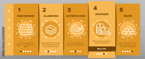 Pile Objects Things Onboarding Icons Set Vector. Pile Of Money Banknotes And Coins, Wood And Cases, Boxes And Banana, Cups And Plates Illustrations