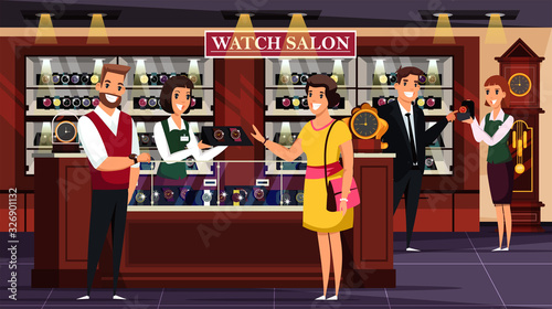 Customer and sellers in watch salon with showcase