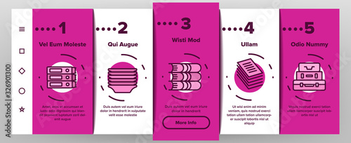 Pile Objects Things Onboarding Icons Set Vector. Pile Of Money Banknotes And Coins, Wood And Cases, Boxes And Banana, Cups And Plates Illustrations