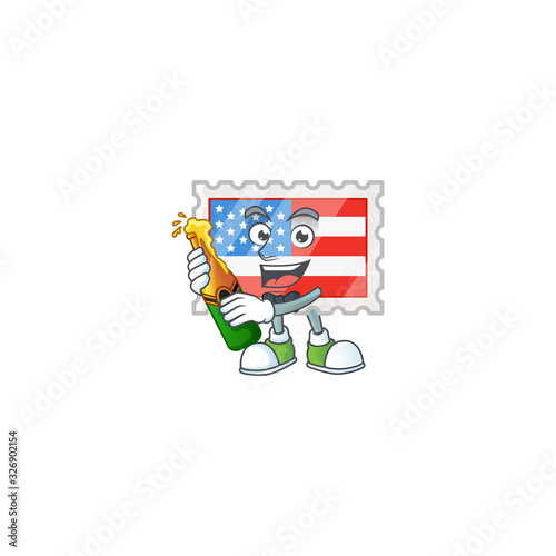 mascot cartoon design of independence day stamp having a bottle of beer © kongvector