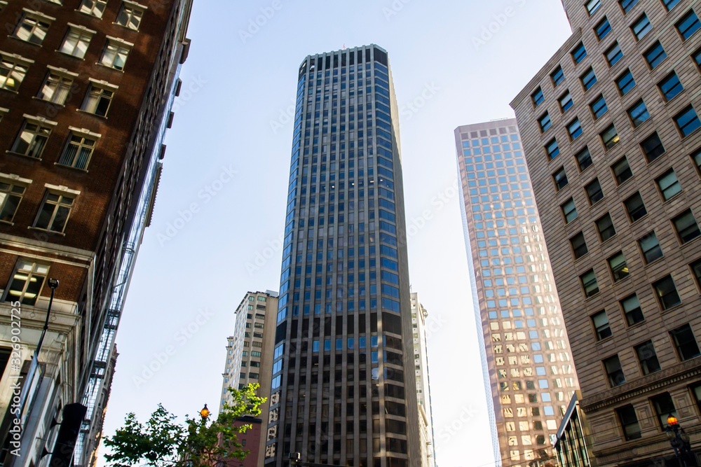 Modern skyscrapers in a financial district at sunset, bottom view, real estate and success concept, USA