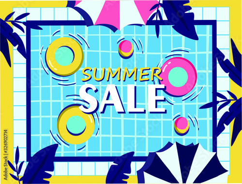 summer sale, a poster for a pool party with an inscription, people swim in the pool