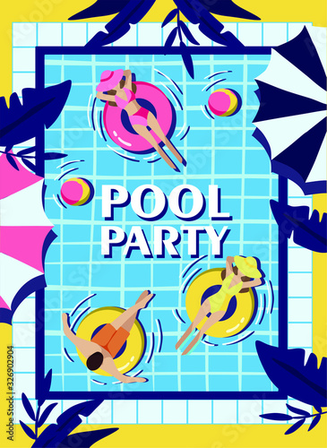 pool party,  a poster for a pool party with an inscription, people swim in the pool