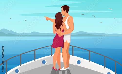 Man and woman in love enjoy view from ship deck