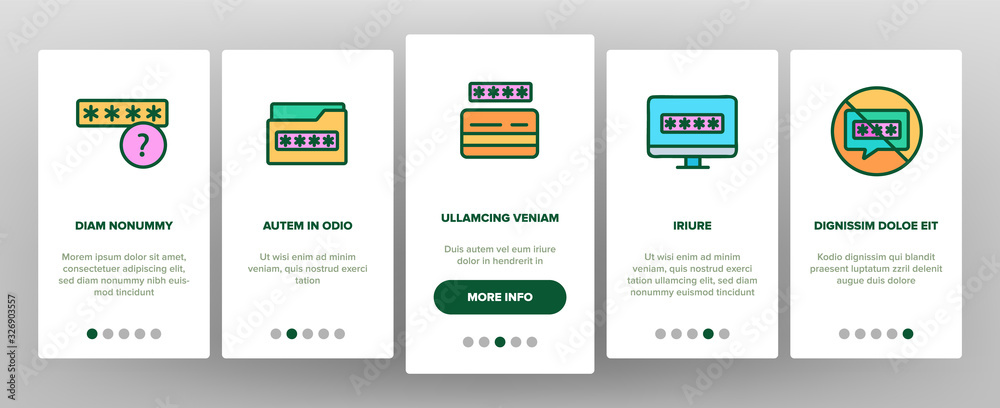 Password Protection Onboarding Icons Set Vector. Folder Security Password And Cloud Storage, Opened Padlock And Protect Shield Illustrations