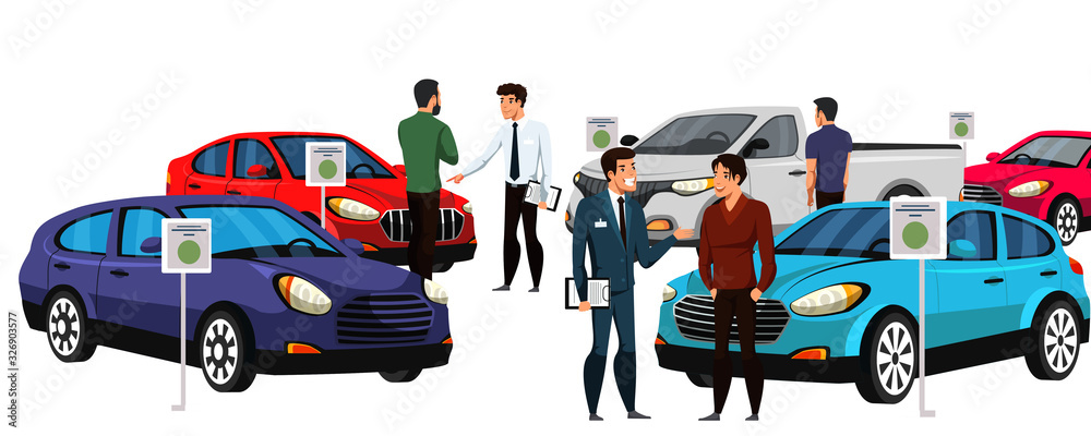 Naklejka premium Sellers and potential buyers group in car showroom