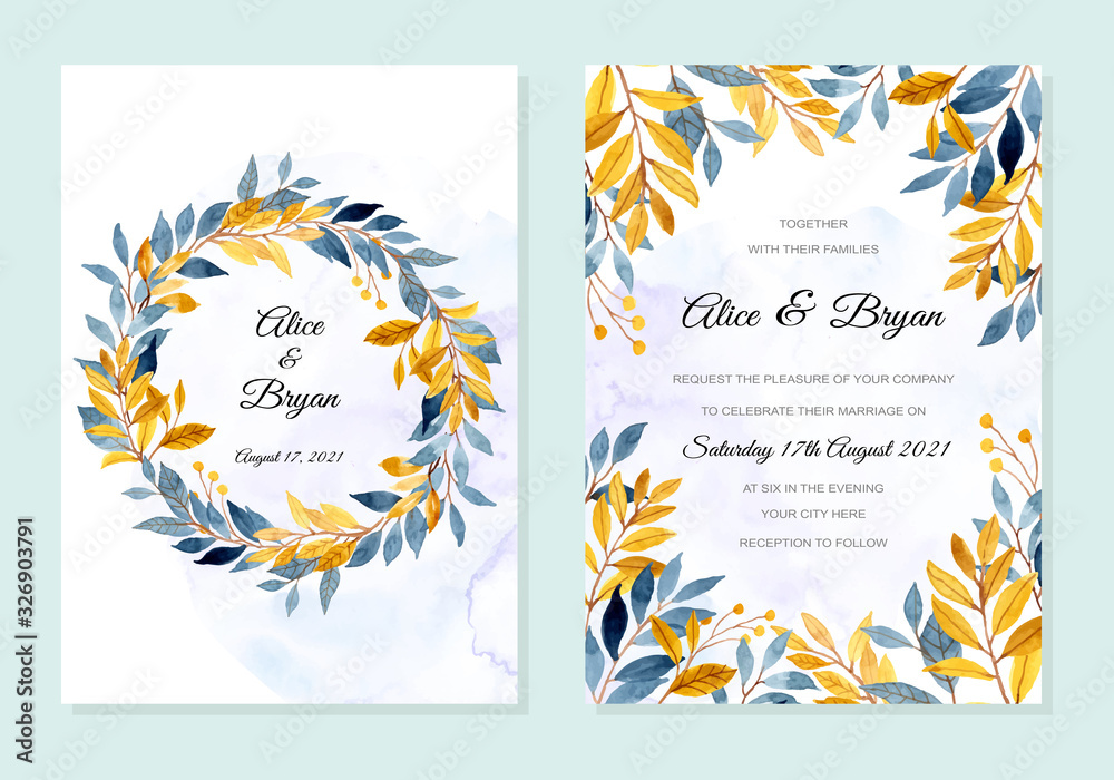 wedding invitation card with blue yellow leaves watercolor