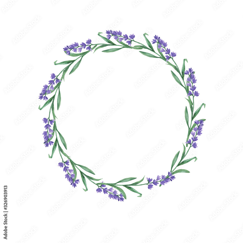 Lilac lavender flowers and green leaves round border isolated on white background. Hand drawn watercolor illustration.