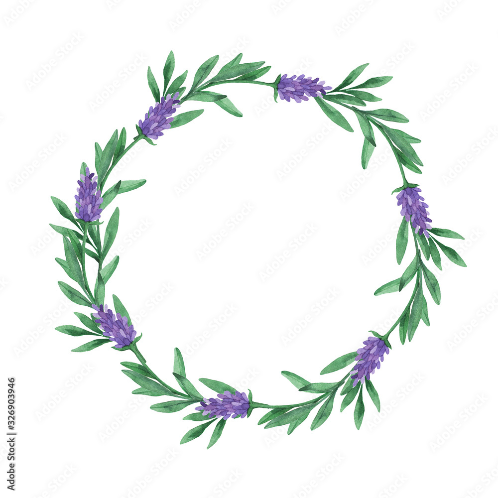 Lilac lavender flowers and green leaves round frame isolated on white background. Hand drawn watercolor illustration.