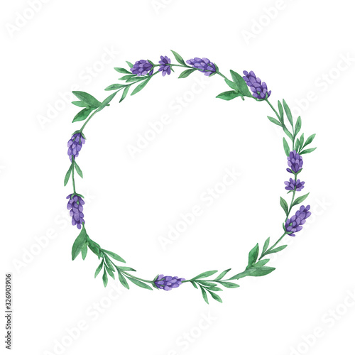 Violet lavender flowers and green leaves round frame isolated on white background. Hand drawn watercolor illustration.