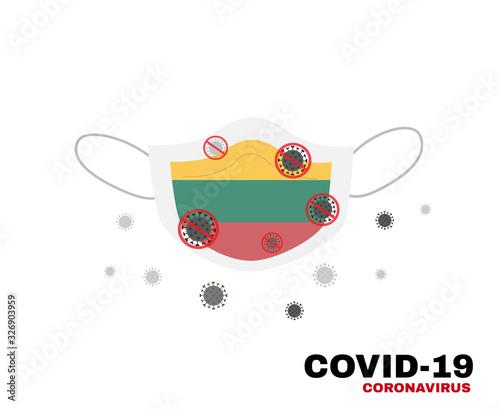 Medical face mask with symbol of Lithuania flag to protect Lithuanian people from coronavirus or Covid-19, virus outbreak protection concept, sign symbol background, vector illustration 