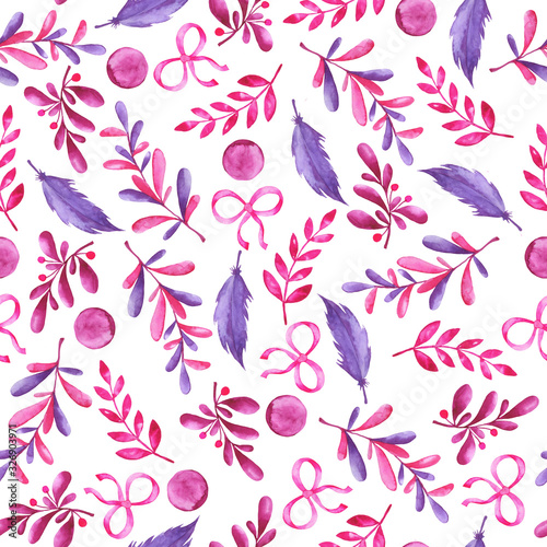 Seamless pattern with decorative leaves and branches, lilac feathers and pink bows on white background. Hand drawn watercolor illustration.