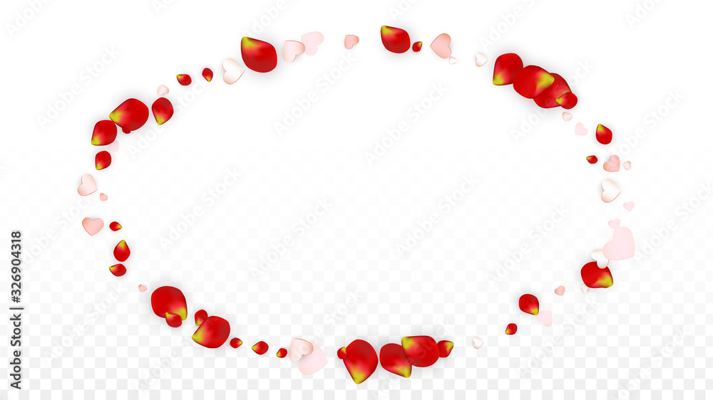 Vector Realistic Petals and Hearts Confetti. Flying Rose and Hearts on Transparent Background. 