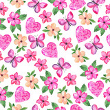 Seamless pattern with decorative flowers, butterflies and hearts on white background. Hand drawn watercolor illustration.