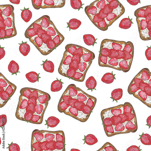 Wallpaper Mural Seamless pattern with strawberry abd ricotta sandwiches on white background. Hand drawn watercolor and ink illustration. Torontodigital.ca