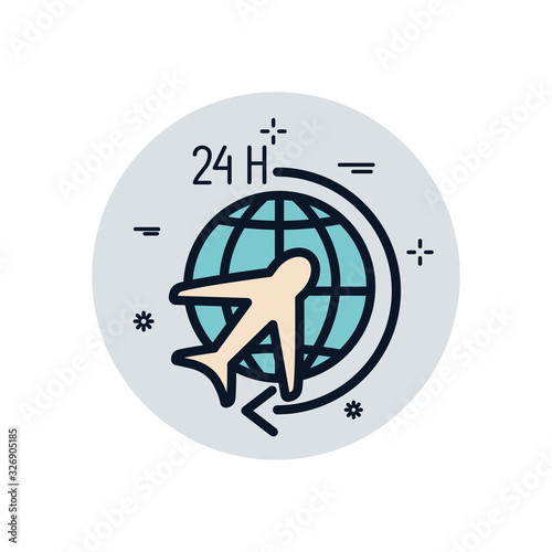 Isolated global sphere airplane and 24 hours arrow fill block style icon vector design