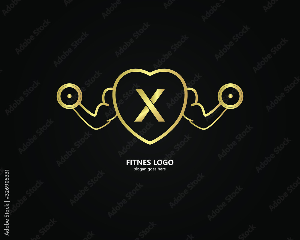 Fototapeta the letter X logo and the gym logo. the combination of the letter X and the hand holding barbell design. gold texture. Modern template. unique, simple and luxurious. for cards and graphic design.